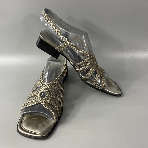 Sesto Meucci Woven Silver Metallic Leather Sandals, Size 7 1/2 - Picture 1 of 11